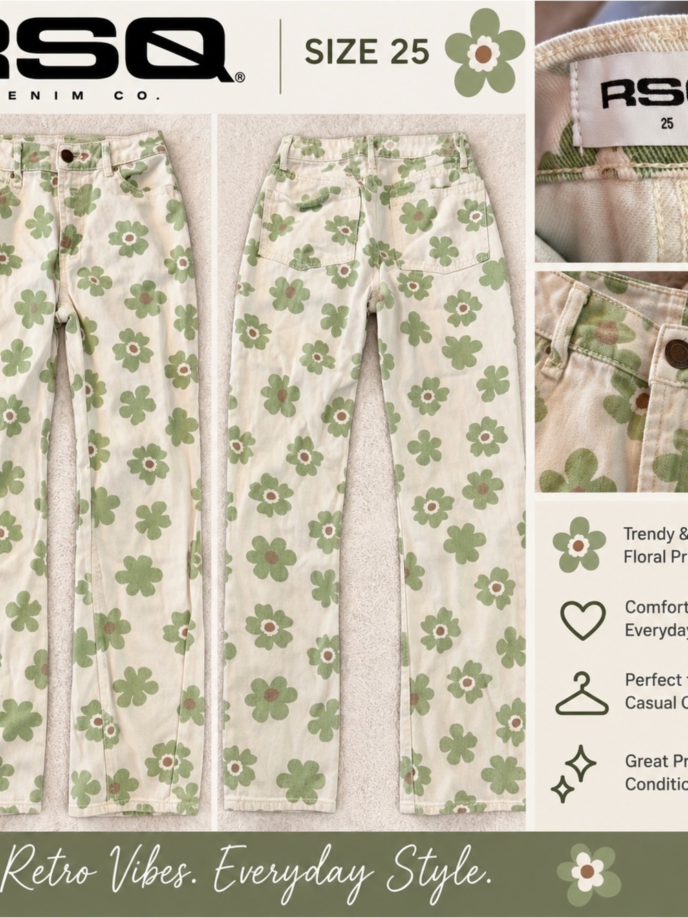 RSQ Women's Cream Jeans with Green Floral Print